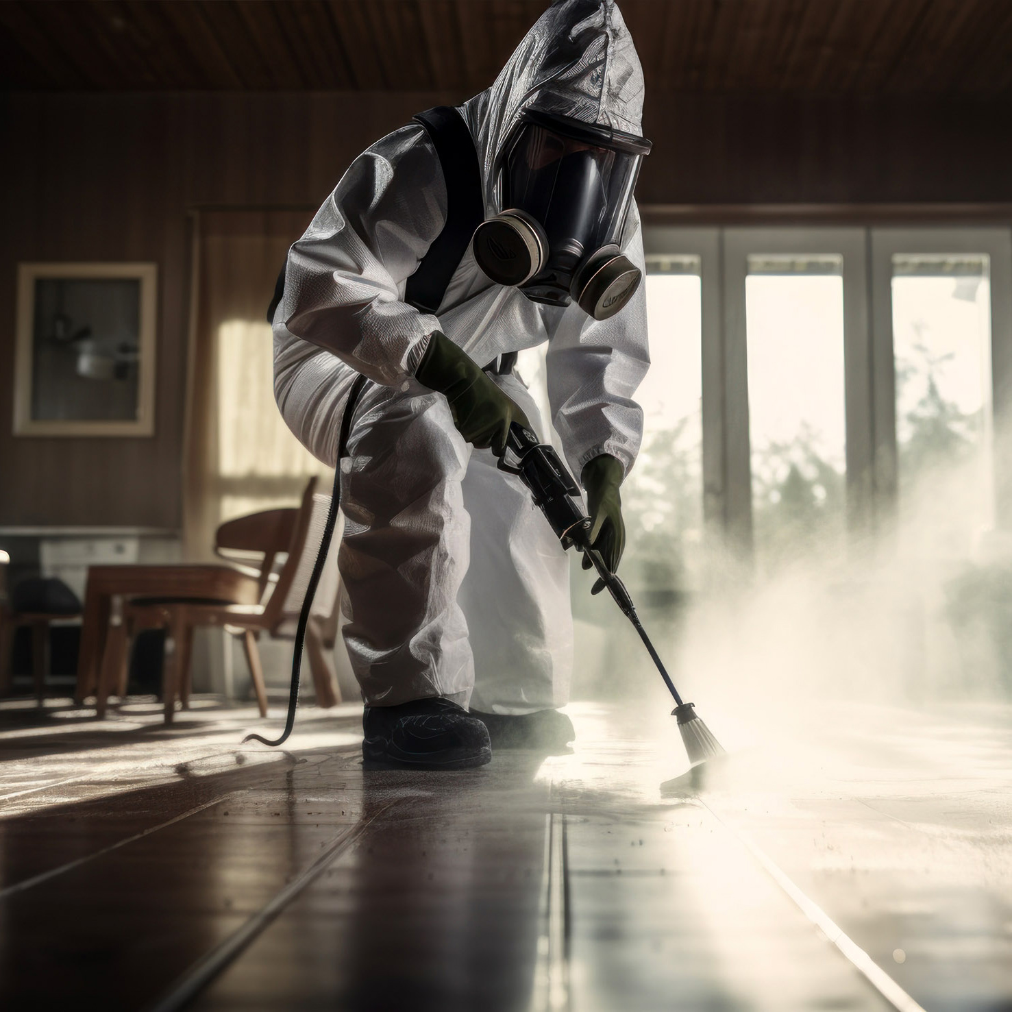 A guy from the pest control service in a mask and a white protective suit sprays pest treatment.