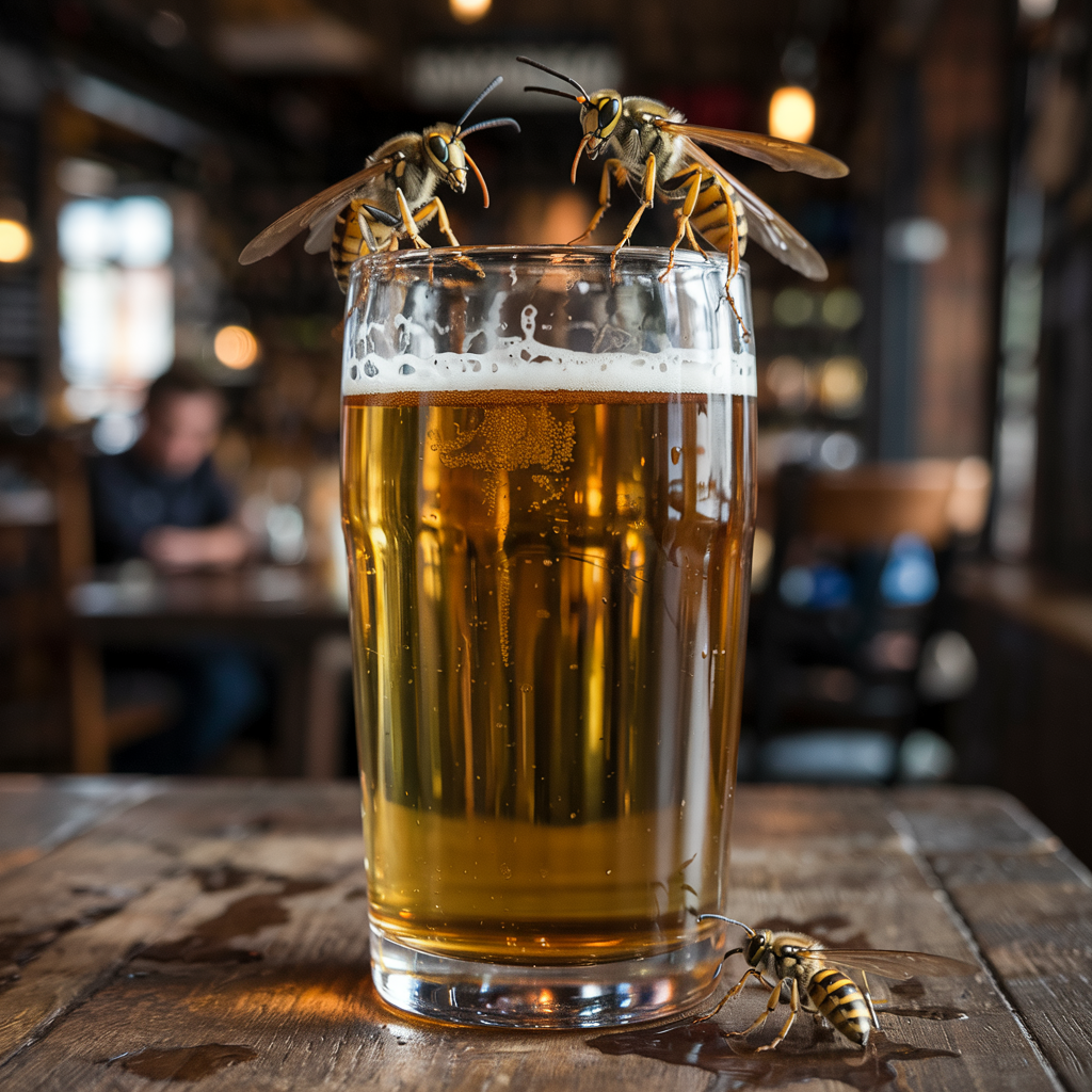 Wasps on a glass of beer in a pub. Harvey's Pest Control Bristol & Landscaping.