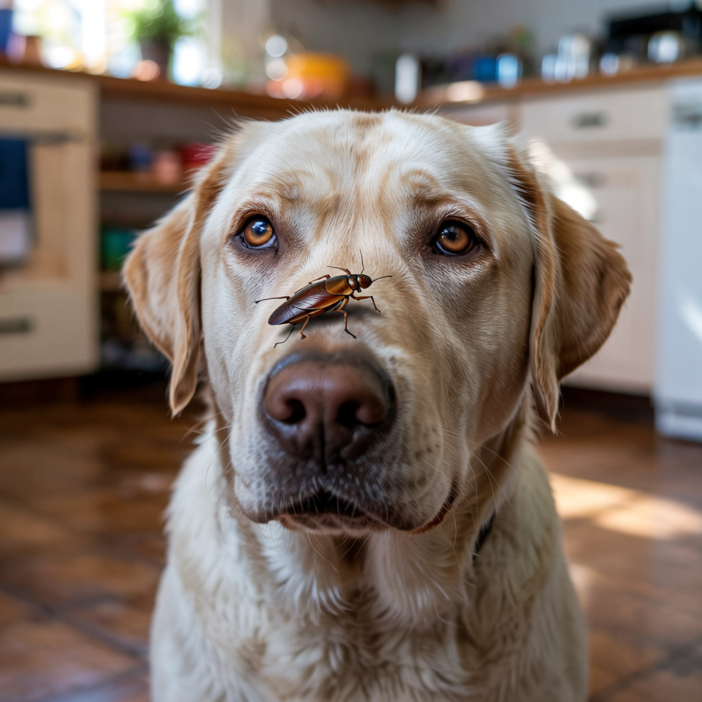 A Labrador with a cockroach on its nose